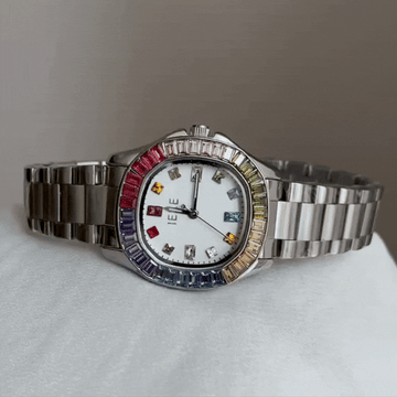 Silver Armband Quartz Watch for Women-Colorful Gem-Set Case & Bold Dial, Dopamine Chic