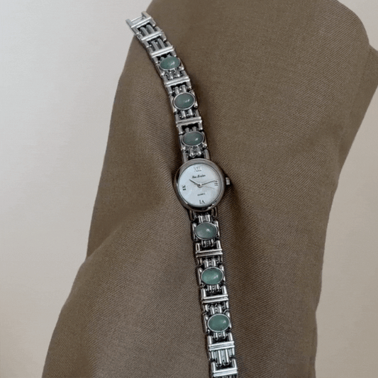 Silver Bracelet Watch for Women – Green Tiger Eye Inlay & White Mother-of-Pearl Dial, Vintage Style|Emerelle