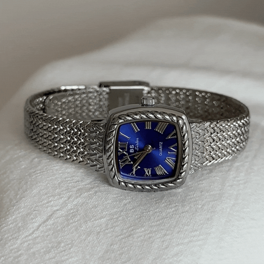 Silver Wheat Pattern Bracelet Square Blue Dial Ladies Quartz Watch - Azure Harvest