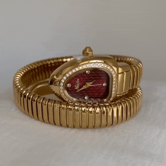 Serpenti Wrap Gold Bangle Watch – Snake Head Case with Textured Dial