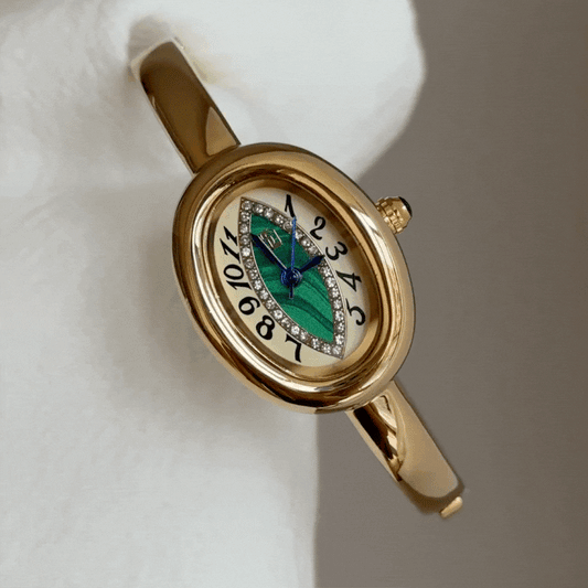 Gold Women Bangle Watch Tub-Shaped Case Peacock Green Dial Quartz Vintage Chic Light Luxury Style – Emerald