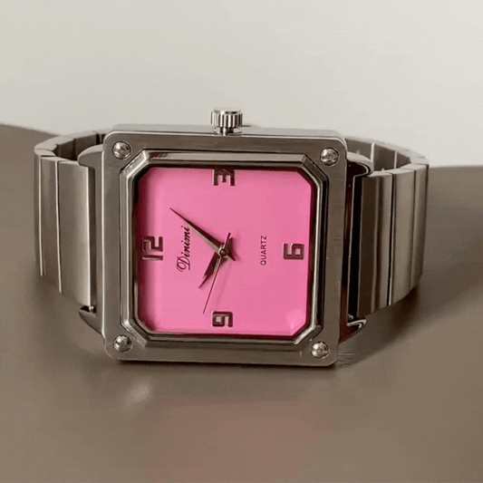 Minimalist Silver Wide Strap Square Pink Dial Ladies Quartz Watch - Barbie Power