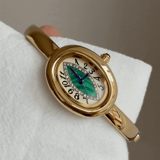 Gold Women Bangle Watch Tub-Shaped Case Peacock Green Dial Quartz Vintage Chic Light Luxury Style – Emerald