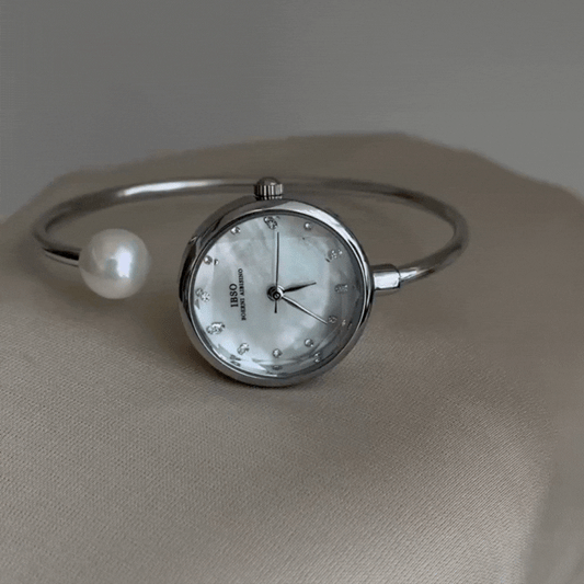 Pearl & Silver Bangle Quartz Watch for Women – Classic White Dial