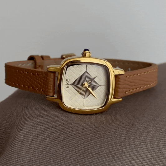 Brown Women Square Dial Watch Slim Genuine Leather Strap Gold Case Geometric Face Quartz Light Luxury Exquisite – Terra
