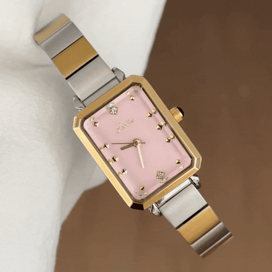 Elegant Women’s Quartz Watch – Two-Tone Stainless Steel Bracelet with Rectangular Pink Dial