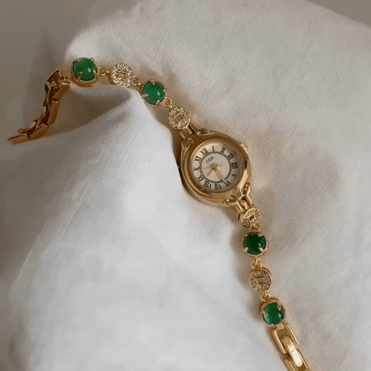 Luxury Frosted Elegance: Green Agate Small Dial & Brass Quartz Watch