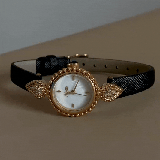 Vintage Court Style Women’s Quartz Watch – Black Slim Strap Ladies Wristwatch with Gold Diamond-Accented Case & White Mother-of-Pearl Dial