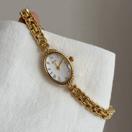 Gold Women Bracelet Watch Oval White Dial Quartz with Diamond Inlay Vintage Elegant Style – Aurora