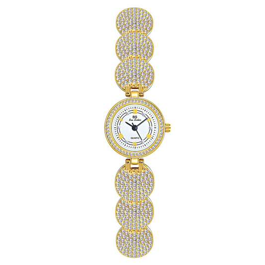 Elegant Women’s Quartz Watch – Gold Full Rhinestone Bracelet with White Round Dial