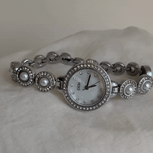 Silver Pearl Bracelet Watch – Round Crystal Case with White Mother-of-Pearl Dial