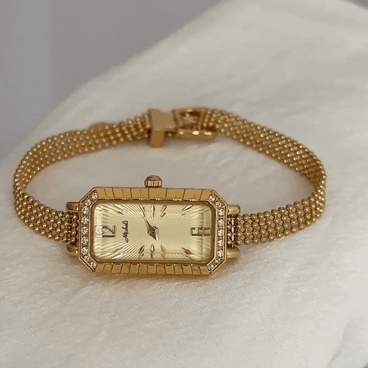 Gold Women Mesh Strap Watch Rectangular Small Dial Quartz Diamond Case Vintage Tassel Elegant Style – Stella