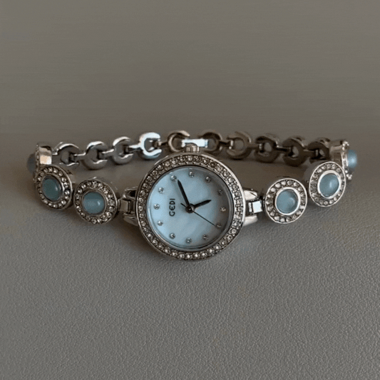 Blue Women Vintage Pearl Inlay Watch Round Mother-of-Pearl Dial Quartz – Aurora