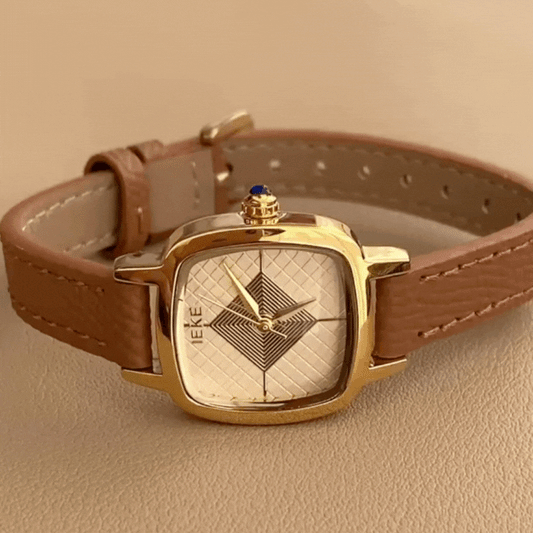 Brown Women Square Dial Watch Slim Genuine Leather Strap Gold Case Geometric Face Quartz Light Luxury Exquisite – Terra
