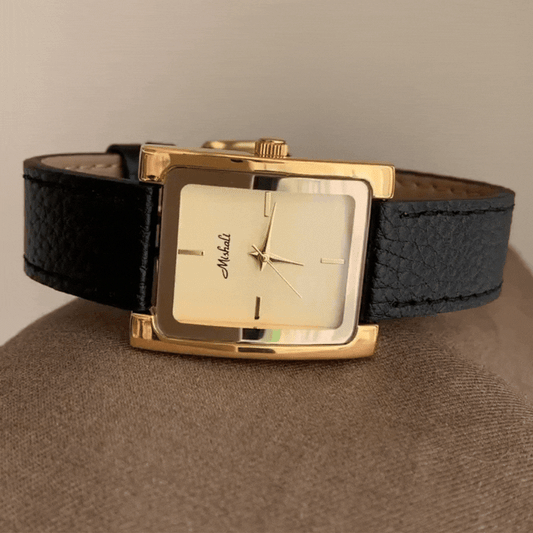 Montre à quartz en cuir avec cadran carré et or Onyx