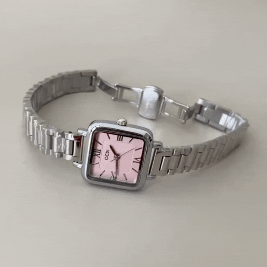 Montre à quartz minimaliste pour femme avec cadran carré rose et bracelet argenté