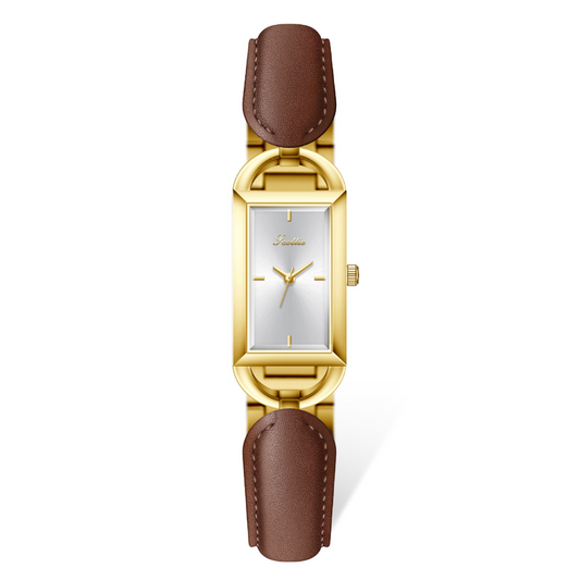 Amber Rectangle - Gold Dial Watch with Brown Leather Strap