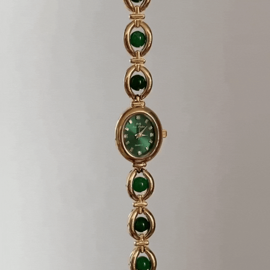 Bracciale d'oro e oro oro orologio oro orologio oro intarsio di chrysoprase verde
