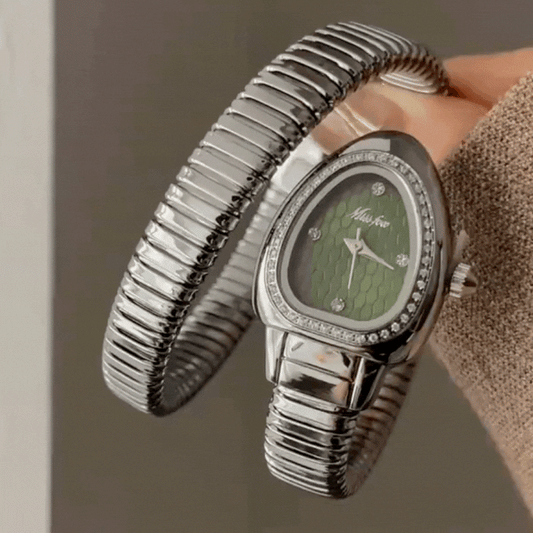 Silver Women’s Snakehead Case Green Serpenti Dial Wrap Bangle Quartz Watch Luxury Exotic Style – Emerald Serpenta