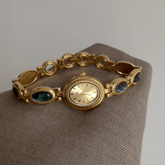 Gold Bracelet Style with Abalone Shell Inlay and Vintage Oval Dial Women’s Quartz Watch