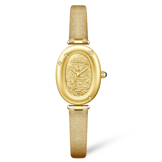 Fashion Women’s Quartz Watch – Gold Leather Strap with Oval Bathtub Dial