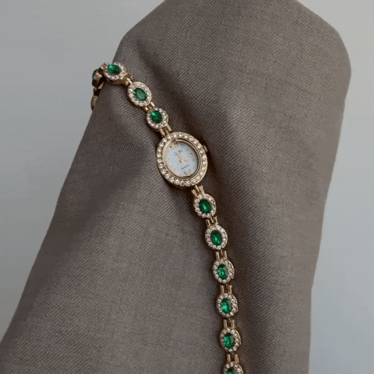 Gold Women’s Quartz Watch – Green Jade Inlay Bangle with Oval Crystal Case & White Dial | Verda
