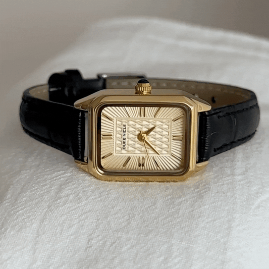 Black Women Quartz Watch Genuine Leather Strap Rectangular Gold Face Vintage Elegant Style – Onyx