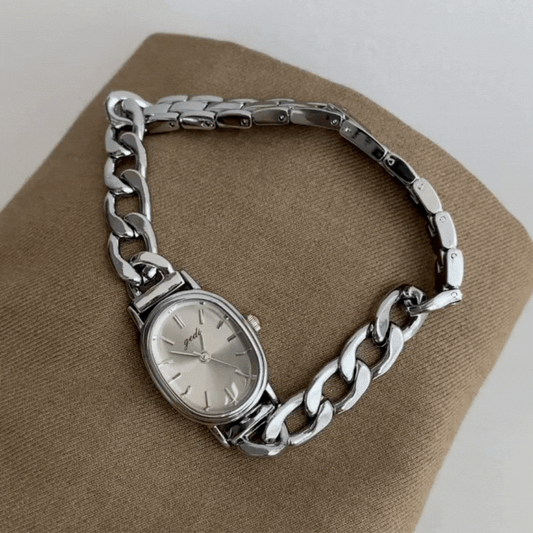 Narukvica od srebrnog lanca Quartz Sat za ĆŸene - ovalni sivi brojÄanik, elegantan i moderan