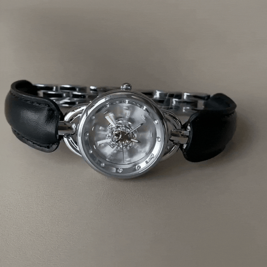 Montre Silver Snowfall : montre à quartz en cuir noir et argent