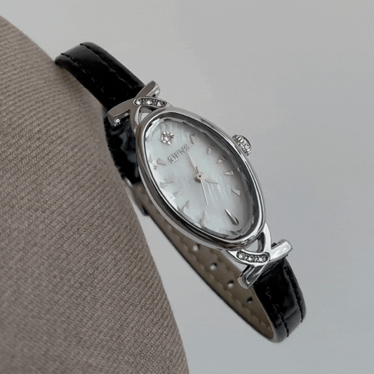 Black Leather Women’s Thin Strap Silver Oval Case White Mother-of-Pearl Dial Quartz Watch French Elegant Style – Belle Oval