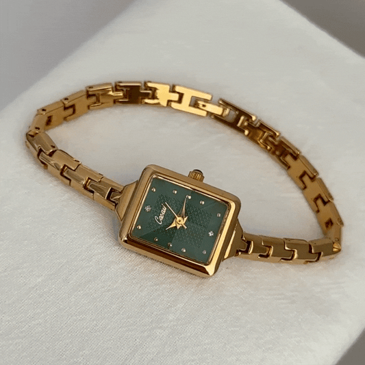 Vintage Gold Bracelet Women’s Quartz Watch – Small Green Rectangle Dial Retro Ladies Wristwatch