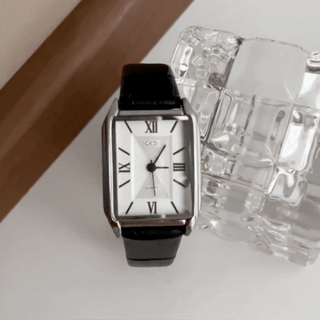 Silver Rectangular Quartz Watch for Women – White Roman Dial & Black Leather Strap