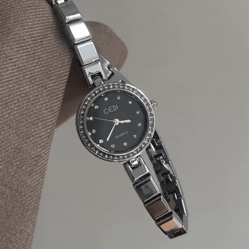 Silver Block-armband met zwarte diamant-set wijzerplaat dameskwarts horloge