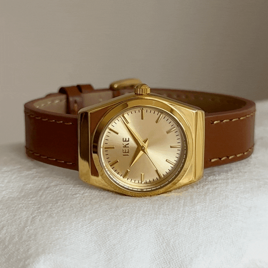 Brown Women Round Dial Watch Genuine Leather Strap Gold Case Quartz Autumn Winter – Solace