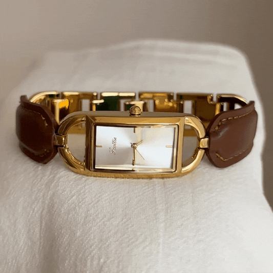 Brown Women Quartz Watch Leather Bracelet Strap Rectangular Gold Dial Vintage Chic Style – Amber