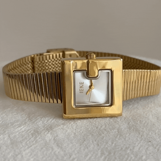 Gold Women Square Dial Watch Textured White Small G Face Quartz – Ivory