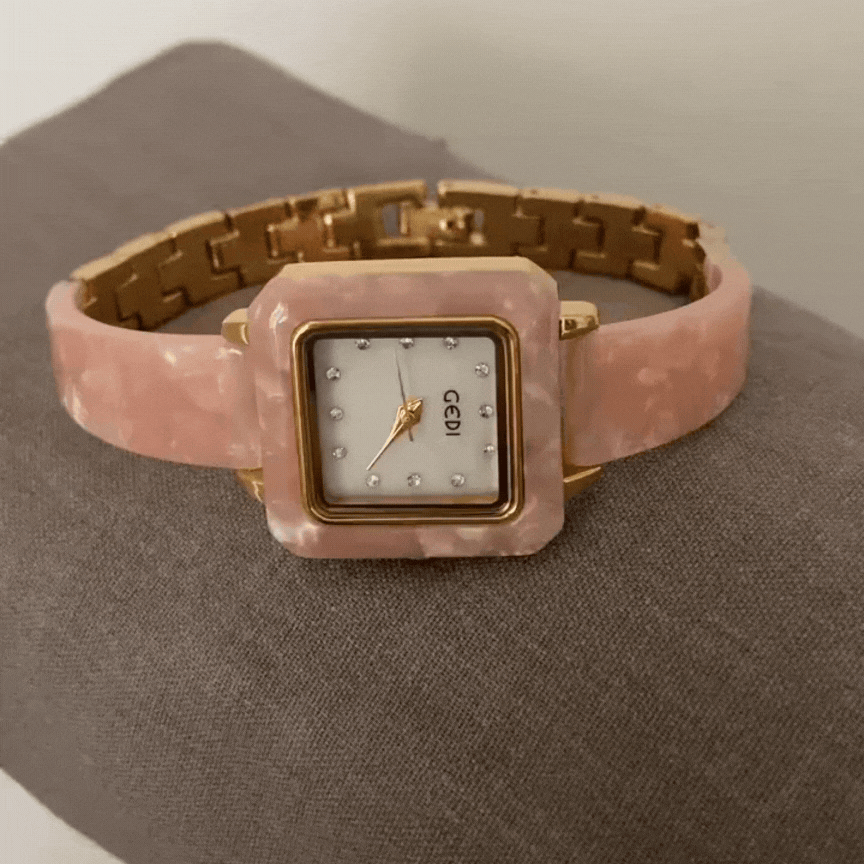 Montre à quartz pour femme, bracelet ambre rose et cadran carré