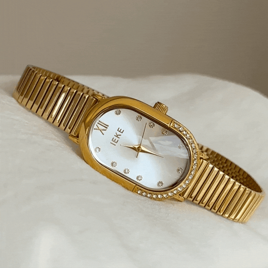 Gold Women Oval Dial Watch Diamond-Set Case Classic French Style White Face Quartz – Belle