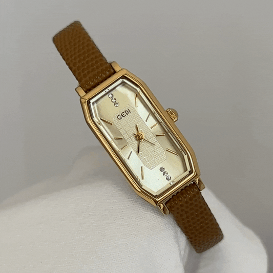 Brown Women Quartz Watch Slim Leather Strap Rectangular Gold Case Vintage Elegant Style – Hazel