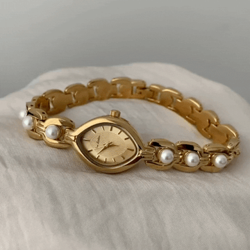 Vintage-inspirert gull Pearl-Embedded Armbånd Watch-Marquise Dial, Elegant & Timeless