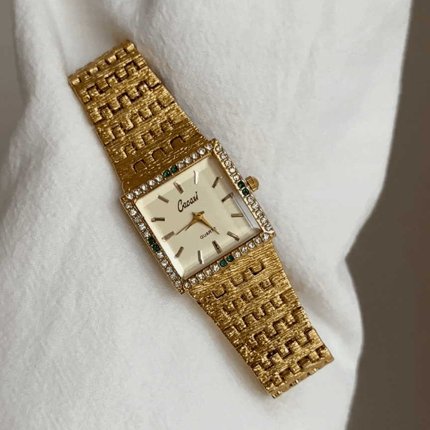 Gold Women Square Watch Quartz Bracelet Strap Diamond Case Vintage