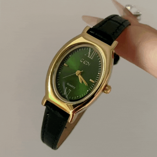Vintage Charm: Oval Green Dial & Black Leather Gold Case Quartz Watch