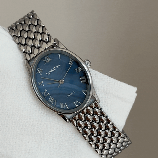 Silver Women Oval Dial Watch Strap Gray-Blue Face Quartz Minimalist Style – Lune