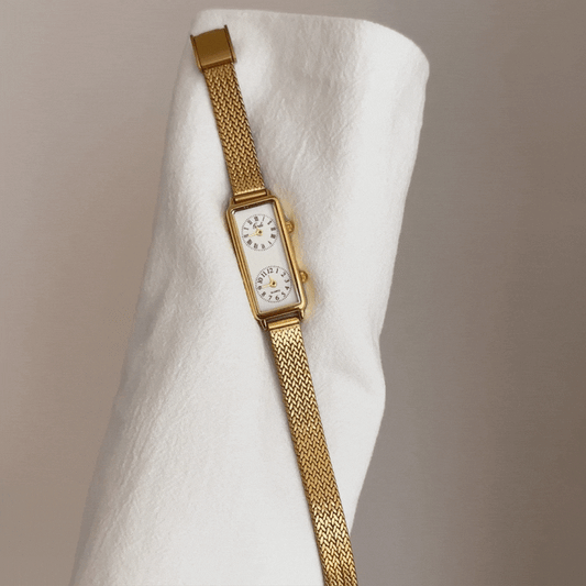 Travel-Inspired Elegant Gold Wheat Strap Watch with White Rectangular Dual Dials – Women’s Quartz Watch
