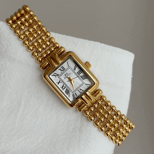 French Retro Romantic Gold Bracelet Watch with White Rectangle Roman Dial for Women - Parisian Charm