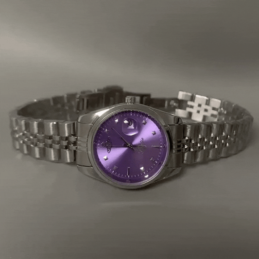 Silver Watch – Women's Quartz Watch with Wide Bracelet & Bold Purple Round Dial | Violet Aura