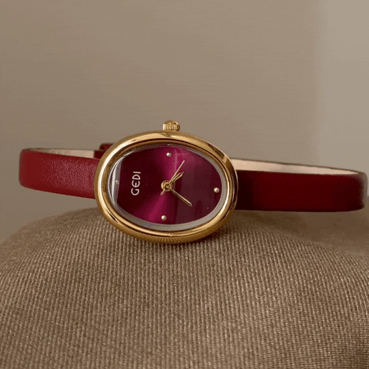Red Women Oval Dial Watch Genuine Leather Slim Strap Gold Case Quartz French Vintage – Amour