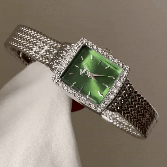 Silver & Green Square Timepiece: Elegant Quartz Watch