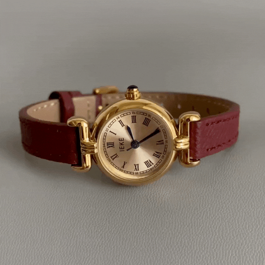 Angora Red Leather Gold Roman Dial Quartz Watch