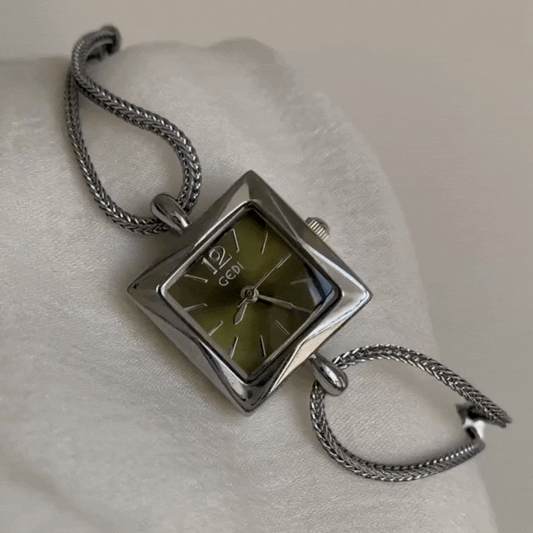 Silver & Green Square Link Timepiece: Elegant Quartz Watch